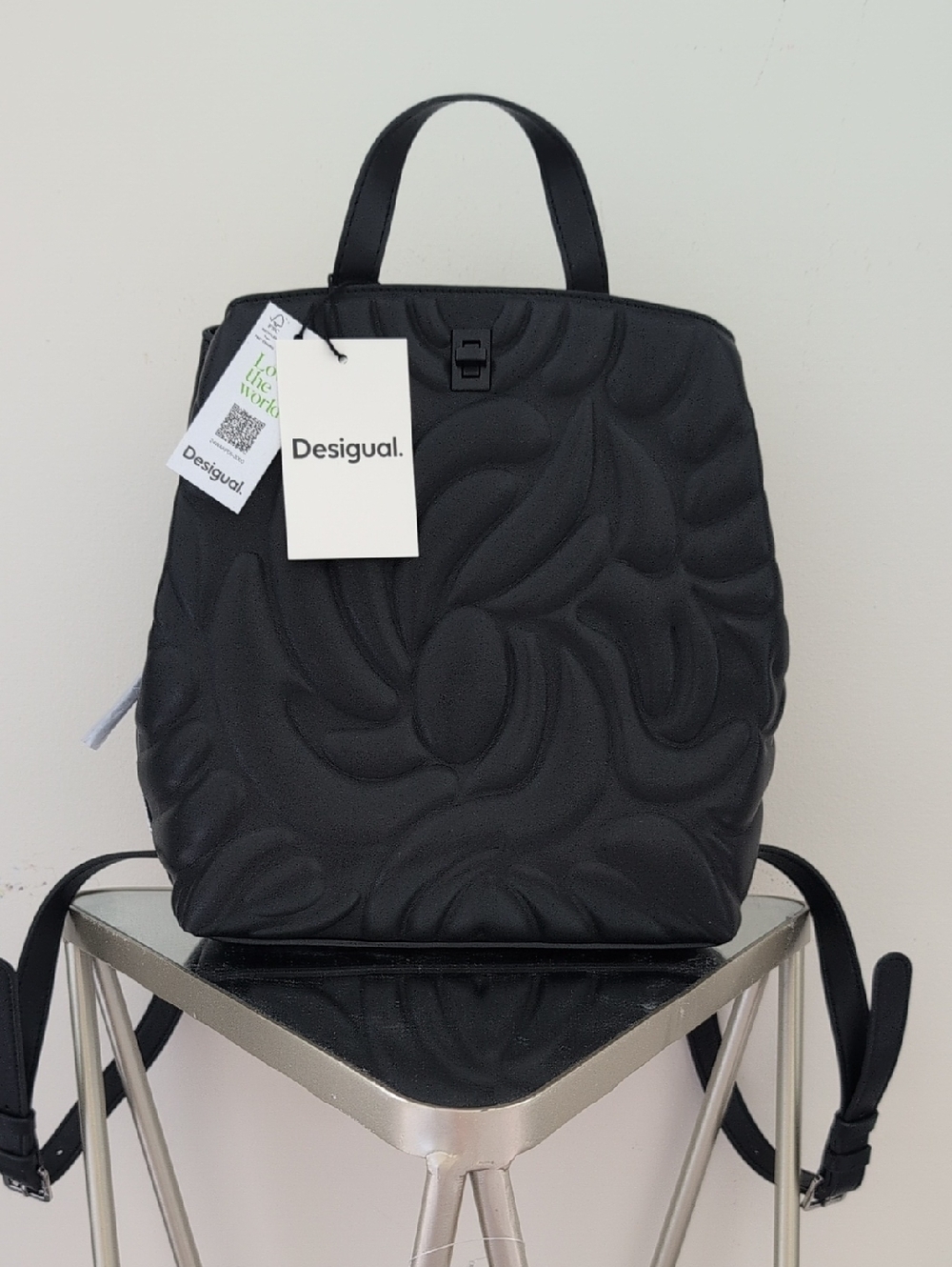 Desigual Black Floral-Pattern Backpack | Faux Leather Gothic Grunge Moto
